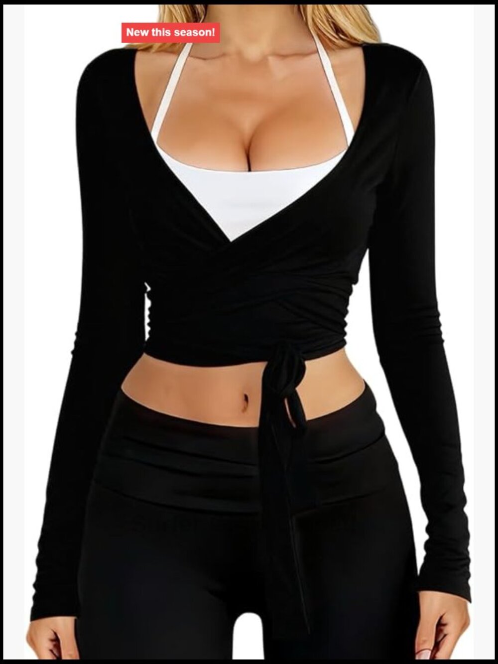 Long Sleeve Cross Tie Crop Wrap Top Deep V-Neck Dance Cardigan